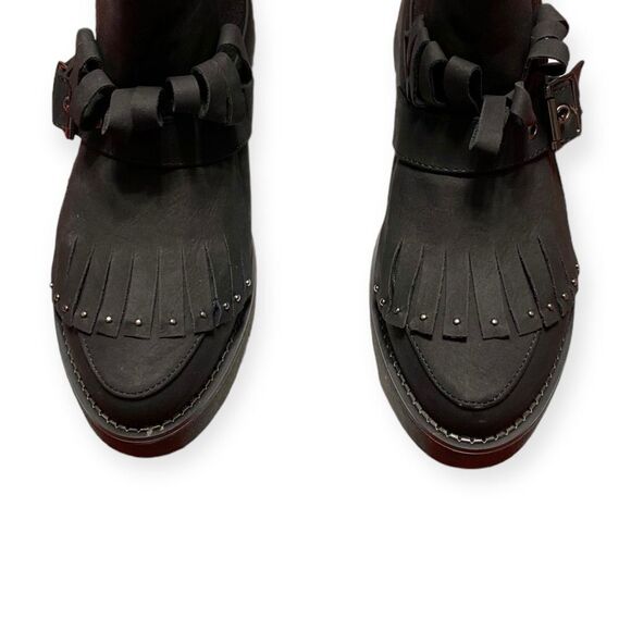 Black Buckle Studded Tassel Strap Slip On Combat Boots NEW - Picture 3 of 4